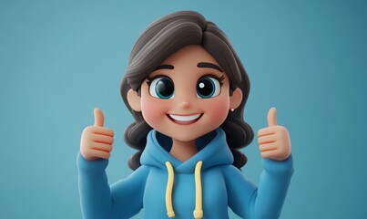 Happy Cartoon Girl Thumbs Up Positive 3D Render Illustration  Smiling Avatar Digital Art Blue Hoodie cute model woman   