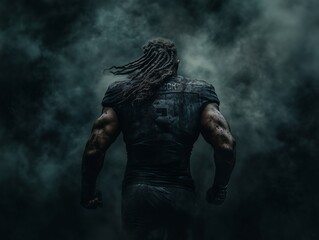 Professional, fast american football player, serious and focused, on dark background, in smoke, sand and dust.