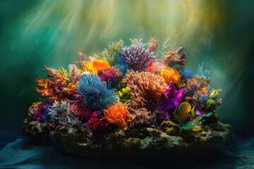 Naklejka premium Vibrant underwater scene showcasing a diverse coral reef ecosystem teeming with colorful corals and fish.