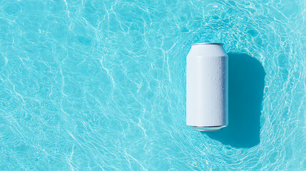 Refreshing drink floating in water. A white can in vibrant turquoise water evokes summer vibes, perfect for cooling off with a chilled beverage.