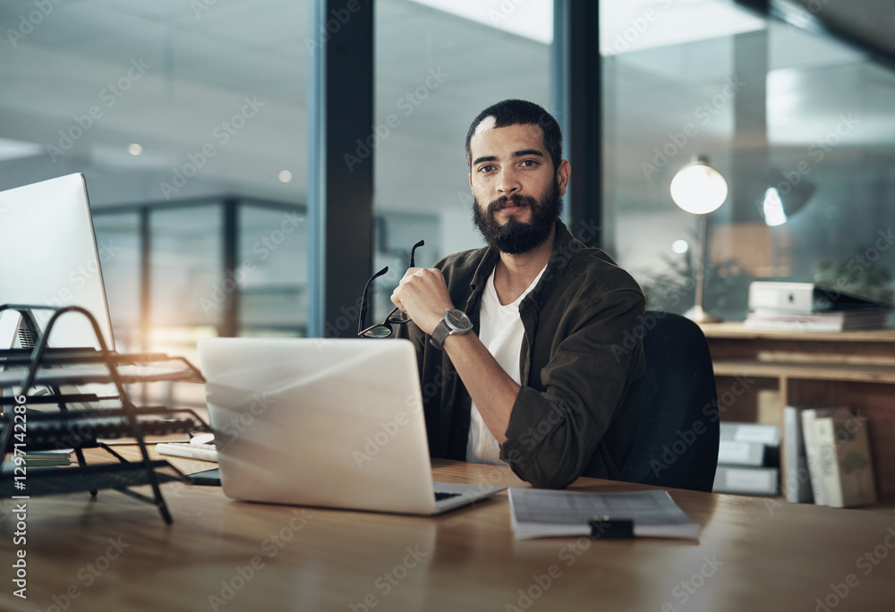 Poster laptop, portrait and glasses with business man in office for web designer, ux tools or planning. cod