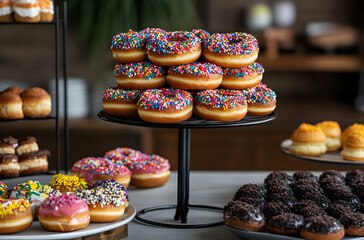 Delicious variety of colorful donuts displayed on stands at a bakery during the morning