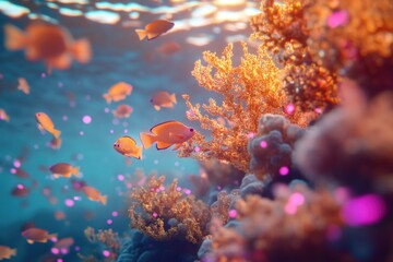 Obraz premium Vibrant orange fish swim near a sunlit coral reef, creating a beautiful underwater scene.