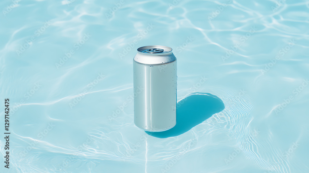 Poster drink can floating in light blue water, casting a shadow and creating ripples. a refreshing and simp