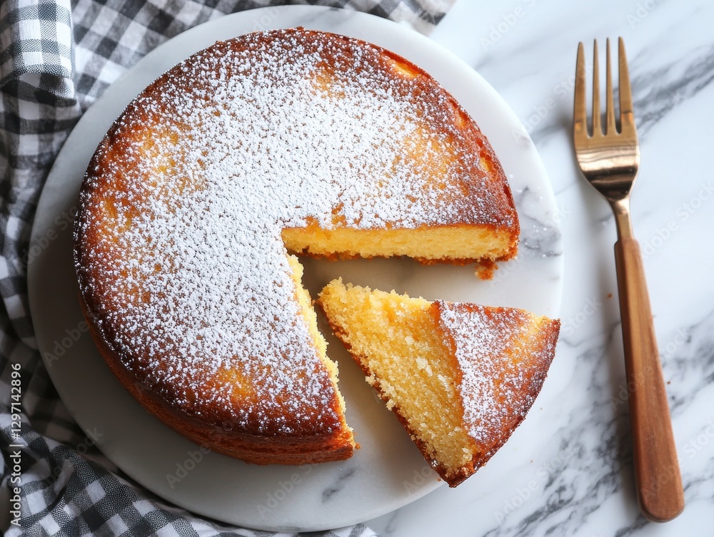 Poster delicious homemade round cake with powdered sugar on top and slice removed on a marble surface with 
