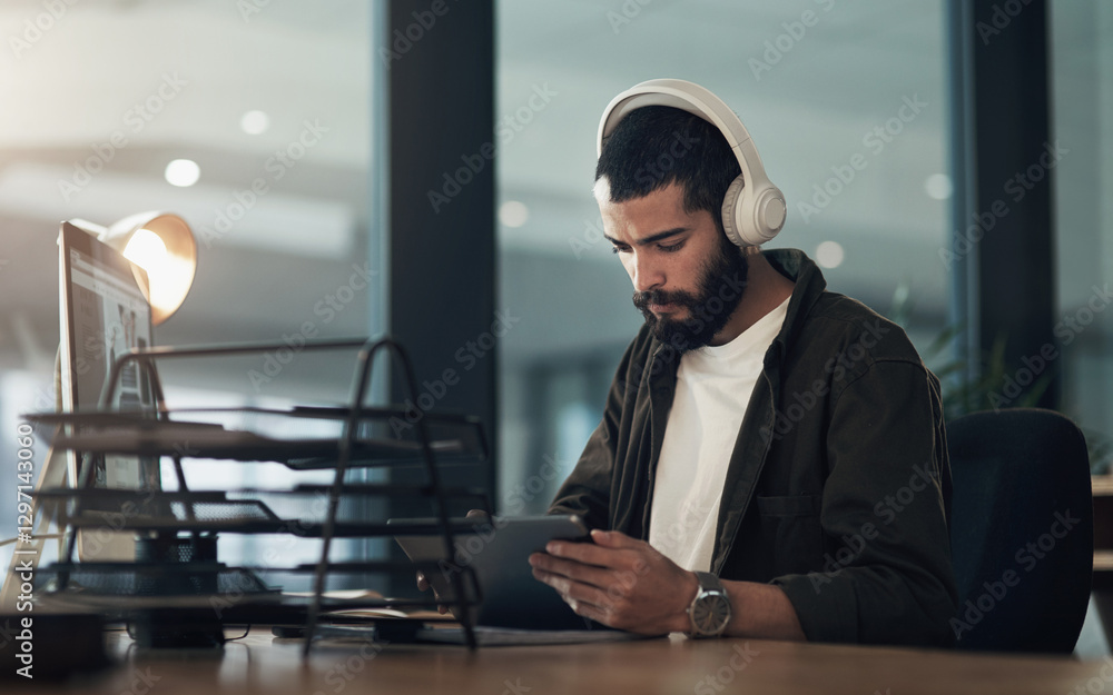 Poster creative, man and thinking with tablet, night and video editor with ideas and headphones for project