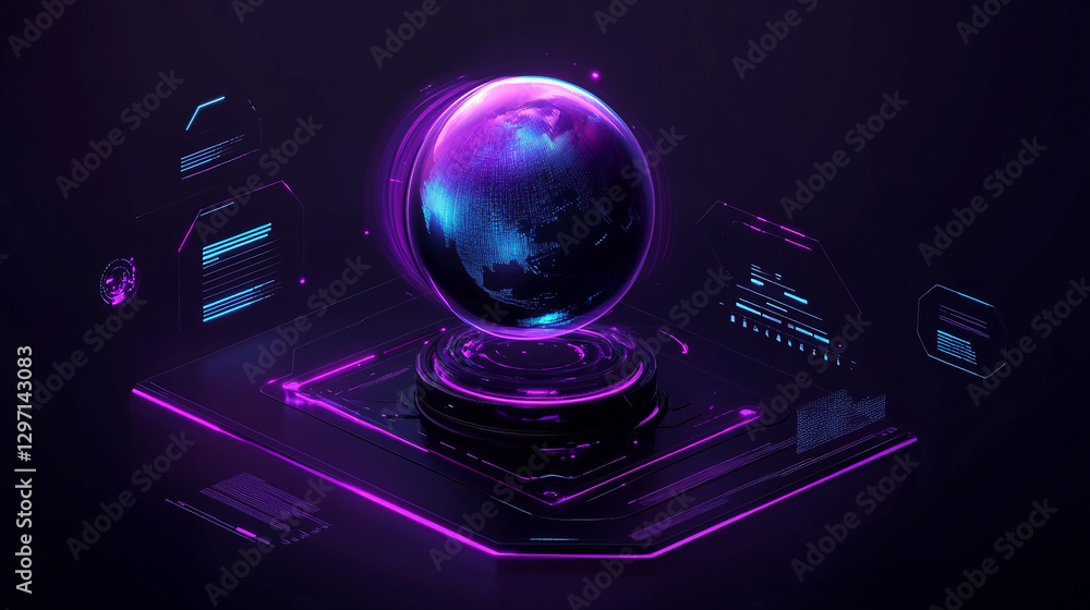 Poster futuristic digital world with a glowing globe suspended in the center, surrounded by neon purple and