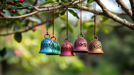 Obraz premium Christmas bell hanging on a tree.