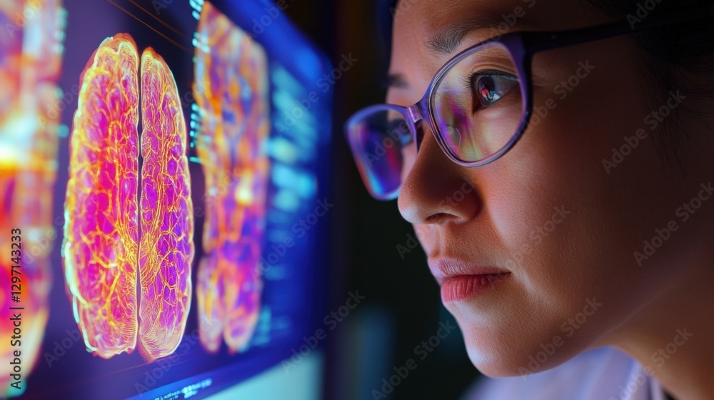 Poster medical professional analyzing colorful brain scan displayed on high tech screen, utilizing advanced