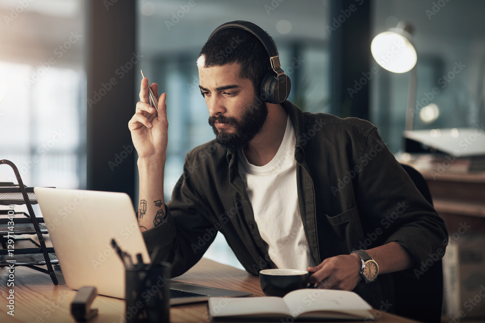 Poster Creative, man and thinking with laptop, idea and video editor with night and headphones for project. Content creation, deadline and person with notebook, post production or design process with music