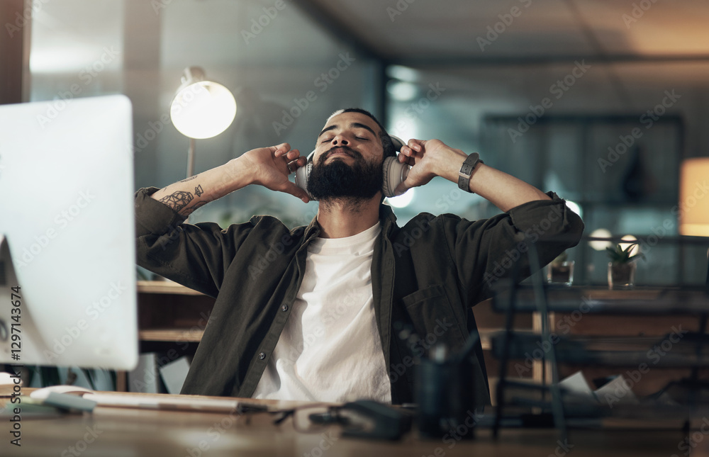 Poster headphones, relax and computer with business man in office for sound engineer, production and media.