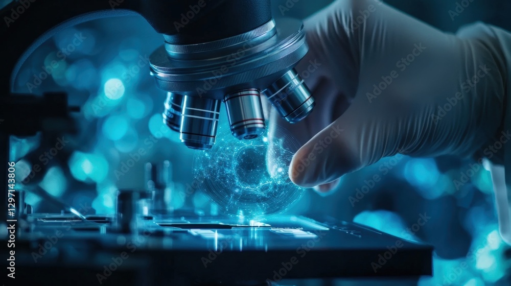 Poster gloved scientist analyzing innovative iot data through a microscope, depicting advanced research and