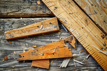 Broken wooden ruler splintered on table workshop photography rustic close-up