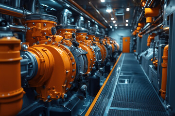 The engine room of a cruise ship, industrial and technical, maritime theme