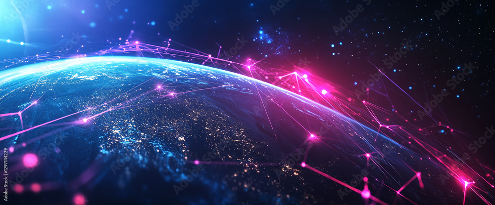 Poster digital global network connections glowing on earth with pink lines and bright stars, symbolizing in