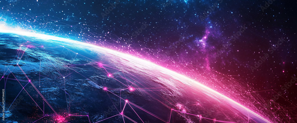 Poster Digital global network with glowing pink lines and stars representing interconnected data and the virtual world, symbolizing modern technology, innovation, and global connectivity.
