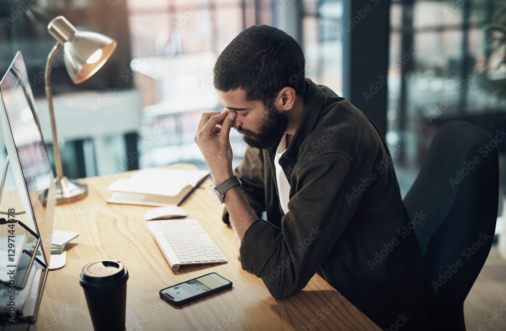 Aufkleber Computer engineer, graphic design and stress with man in office for website coding or programming deadline. Business, headache and night with programmer employee in creative workplace for overtime