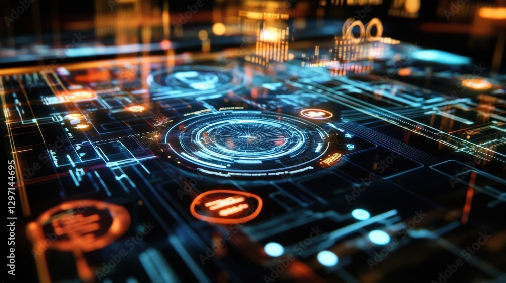Poster futuristic interface displaying complex data and information through augmented reality, featuring in