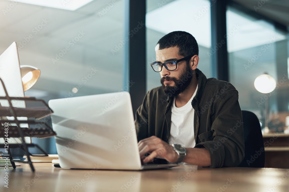 Poster Laptop, typing and research with business man in office for web designer, ux tools or planning. Coding homepage, night and developer with person in tech agency for cms platform, glasses and reading