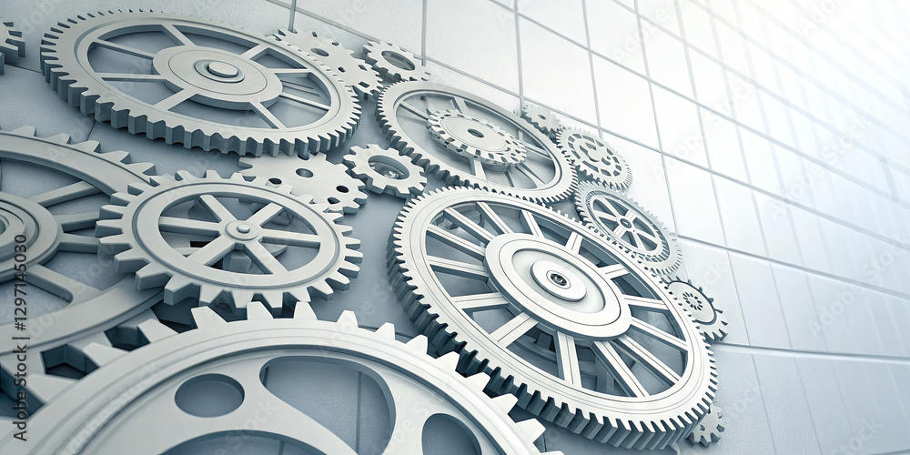 Poster an intricate display of various metallic gears is mounted on a textured light-colored wall. this set