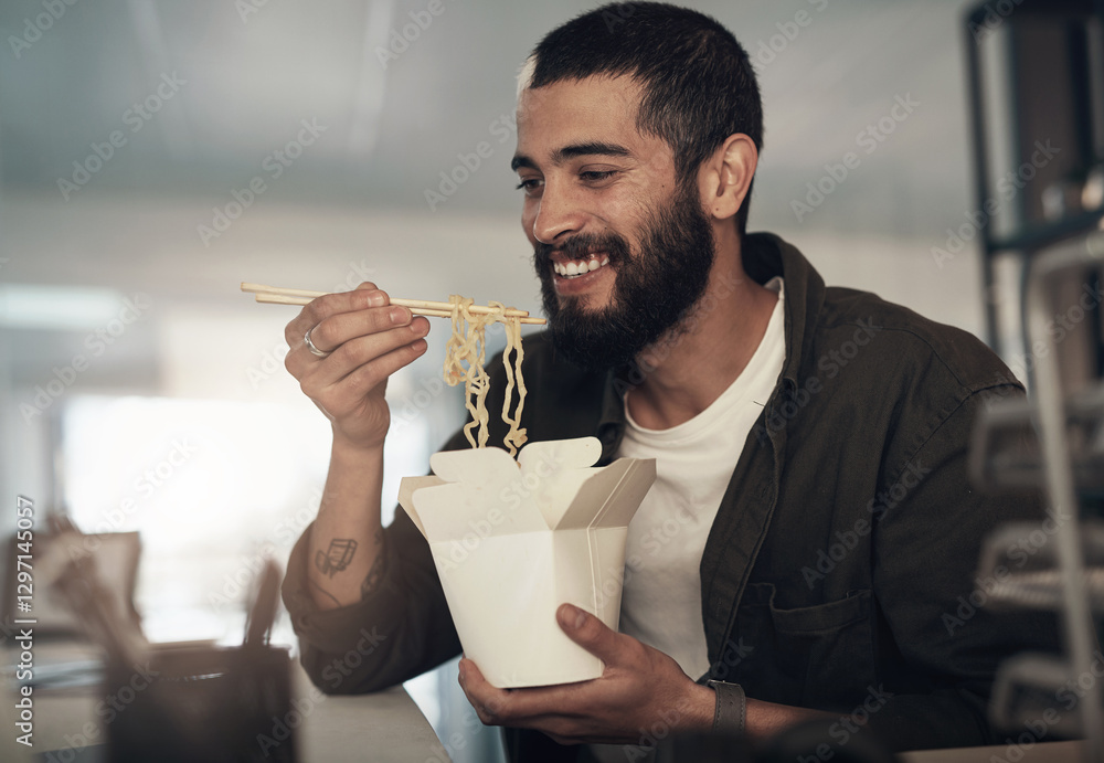 Poster creative, man and takeout with noodles, break and video editor at night with overtime for project. c