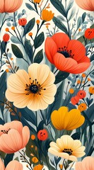 Vibrant Floral Seamless Pattern Design Botanical Illustration Pretty Flowers Artistic Nature Background Orange Yellow   