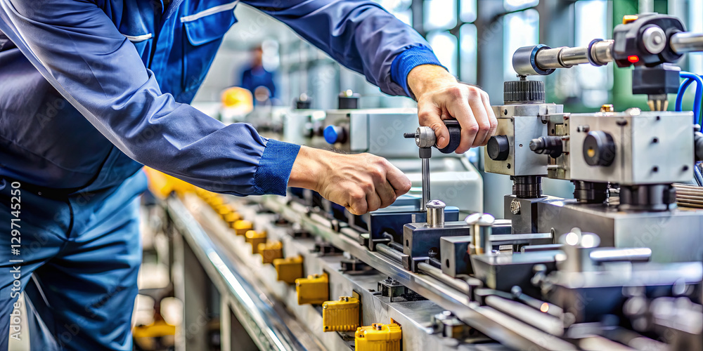 Poster a worker is focused on adjusting equipment on a production line in a modern factory. the setting is 