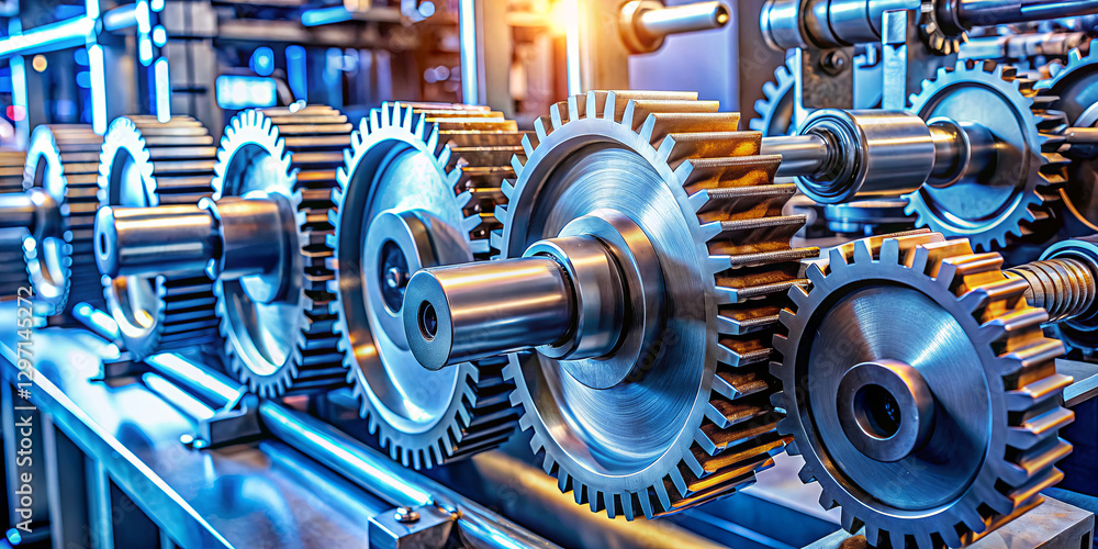 Poster complex gears interlock flawlessly in a high-tech industrial workshop, showcasing precision engineer