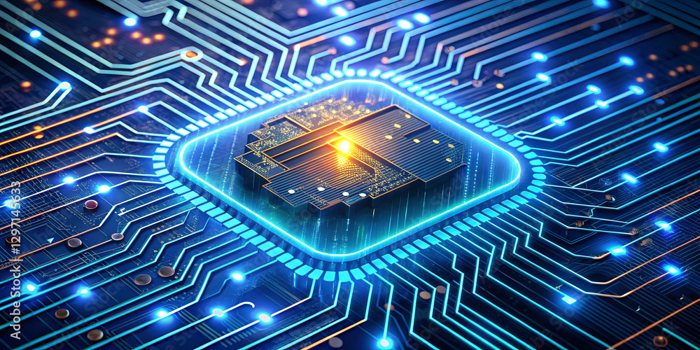 Aufkleber a highly detailed microchip is highlighted in the center of a vibrant circuit board, with glowing co