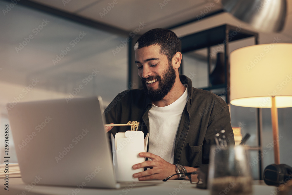 Poster Creative, man and smile with takeout, break and video editor at night with overtime dinner for project. Content creation, deadline and person with idea, post production or design process with noodles