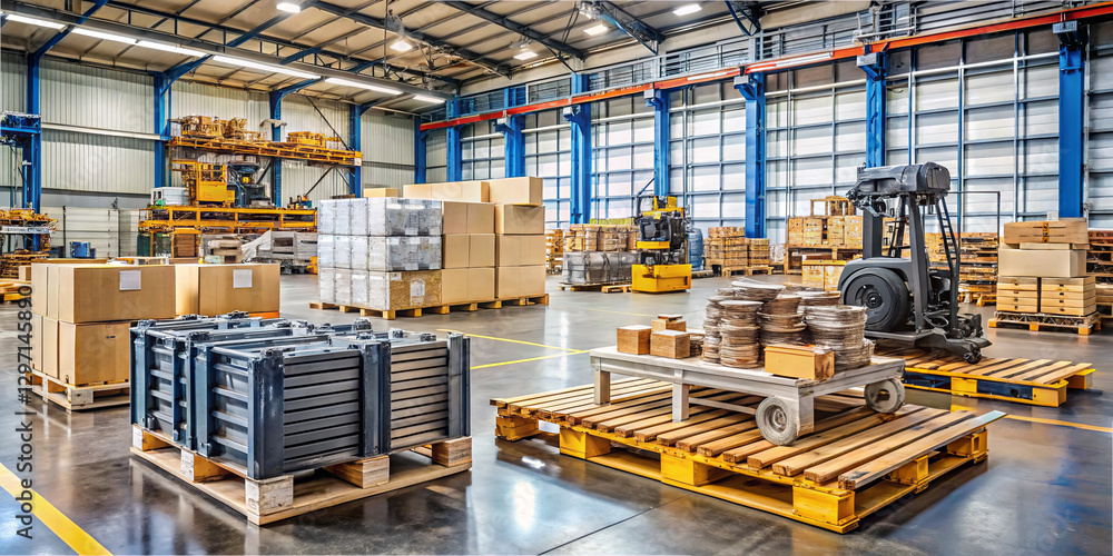 Aufkleber brightly lit warehouse filled with neatly stacked pallets of various materials and equipment. forkli