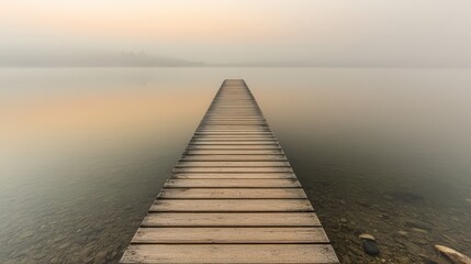 Obraz premium Misty Sunrise Over Secluded Wooden Pier Stretching Into Tranquil Lake
