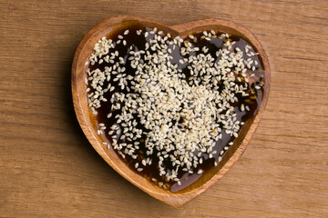 heart shaped bowl with teriyaki sauce