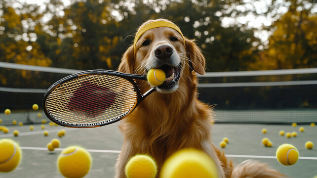 Golden retriever enjoys tennis by catching balls and holding a racket while wearing a sweatband