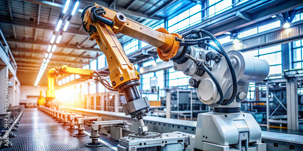 Poster a robotic arm is actively assembling components on a production line within a large industrial facil