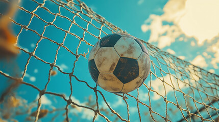 Soccer Ball in Goal Net with Clear Blue Sky in Background for Football Sports Photography