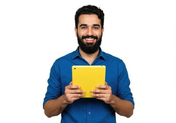 A bearded man in a blue shirt holding a yellow tablet smiling isolated on white background
