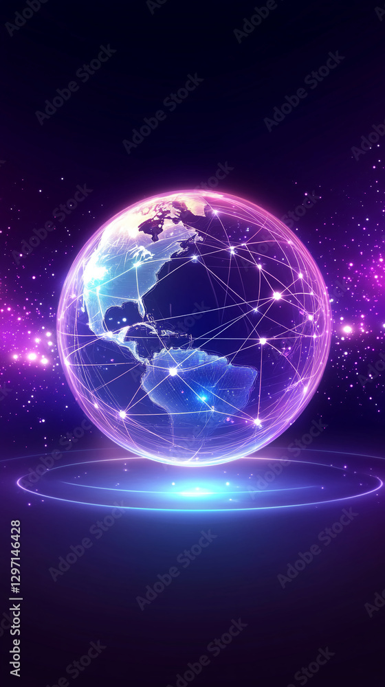 Poster A glowing digital globe with interconnected lines and a glowing light effect, symbolizing global connectivity, virtual networks, and technology in a futuristic design.