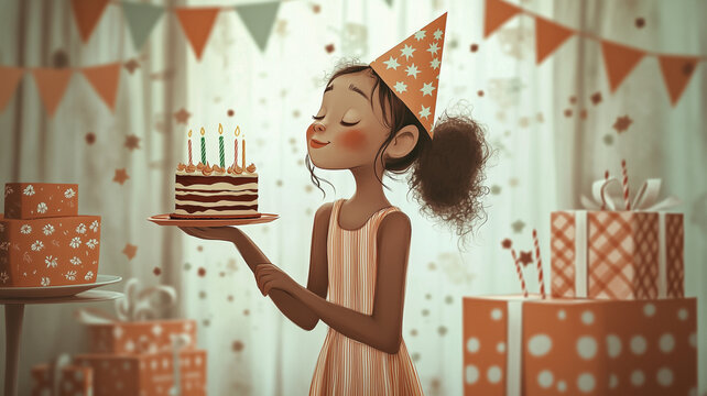 Cute birthday girl celebrates with a chocolate cake and party decorations at a joyful gathering
