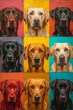 Nine colorful portraits of dogs showcasing distinct breeds in vibrant hues