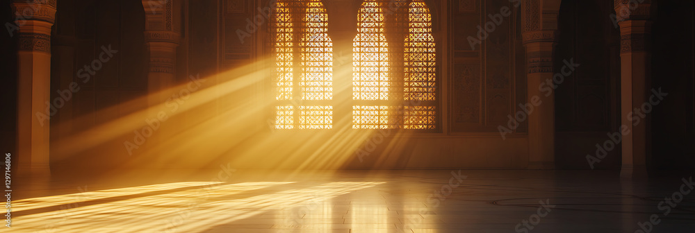 Poster sunlight streams through ornate window: golden light dramatically filters through a patterned window