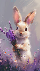 Cute white rabbit holds a bouquet of lavender flowers in a serene meadow setting