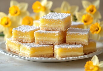 Delicious Lemon Bars on a Plate Surrounded by Fresh Daffodils Perfect for Spring Gatherings and Sweet Treats with Bright Yellow Color and Confectioners Sugar