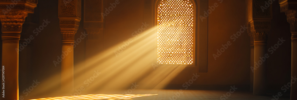 Poster sunlight streams through a patterned window into an ornately decorated interior with architectural c