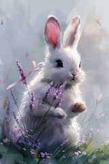 Cute white rabbit joyfully holding a bouquet of lavender flowers in a sunny meadow