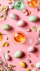 Beautifully arranged Easter table setting with pastel-colored decorations and treats