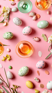 Beautifully arranged Easter table setting with pastel-colored decorations and treats