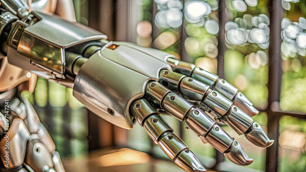 Poster a close-up view of a robotic hand with metallic fingers displaying detailed craftsmanship. sunlight 