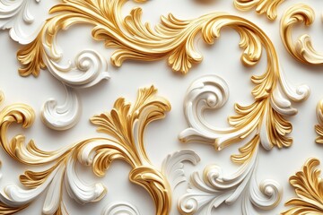 Intricate baroque ornamentation featuring graceful curves and gold accents on a textured surface