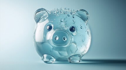 Transparent piggy bank filled with water drops showcasing creative financial symbolism